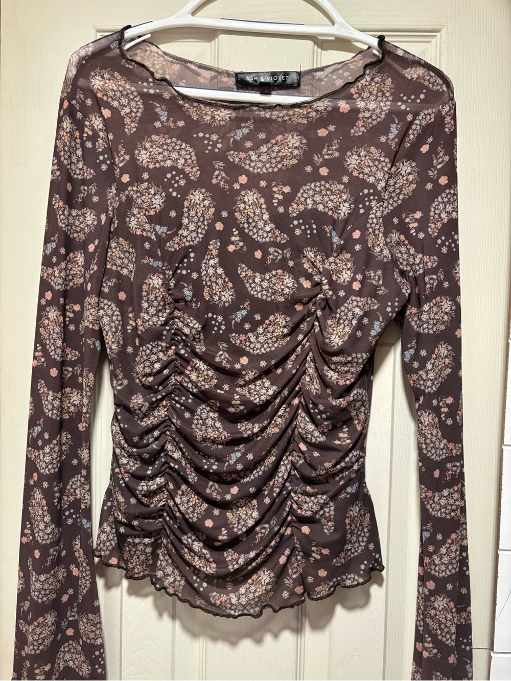 Ruched Brown Floral Long Sleeve Top